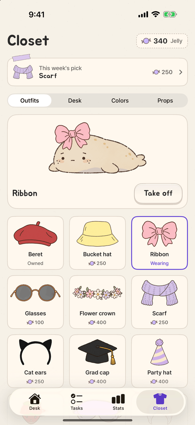 Jeolmi Closet: the seal wearing a ribbon above a grid of outfits with Jelly prices