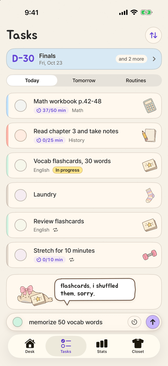 Jeolmi Tasks screen: each task shows its own paper prop