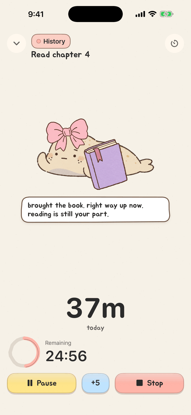 Jeolmi session screen: the seal holds a book under the task, with a 25-minute countdown and Pause, +5 and Stop