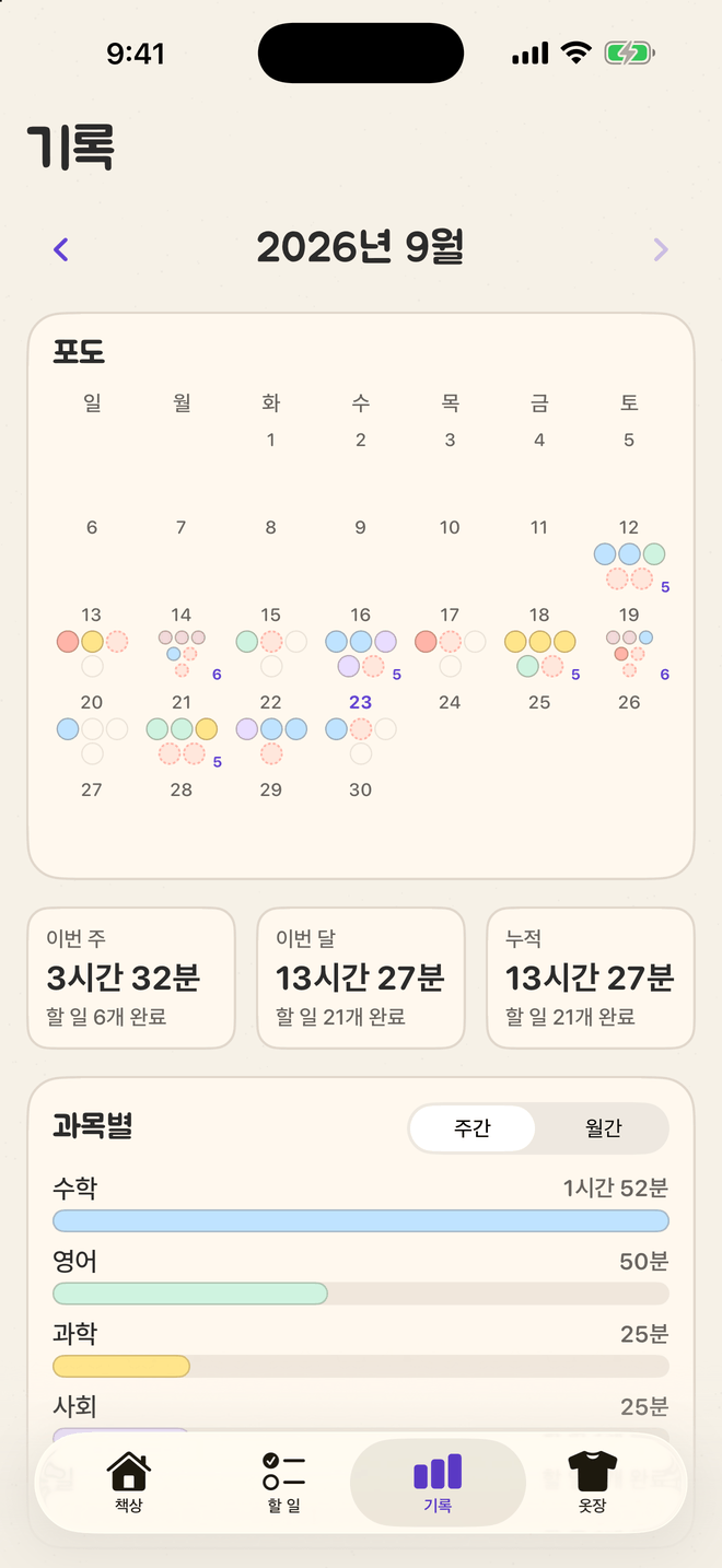 절미 기록 화면. 작은 포도송이가 쌓인 9월 달력, 이번 주·이번 달 합계, 과목별 시간